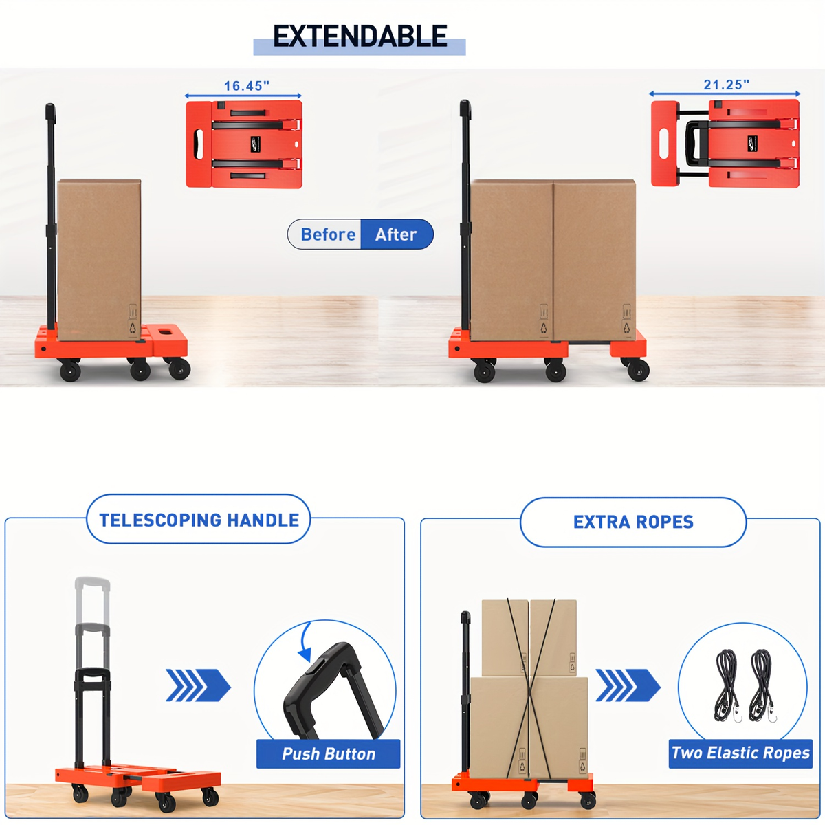 Folding Hand Truck Dolly, Collapsible Luggage Cart with 6 Wheels & 2 Elastic Straps for Moving, Travel — image 11