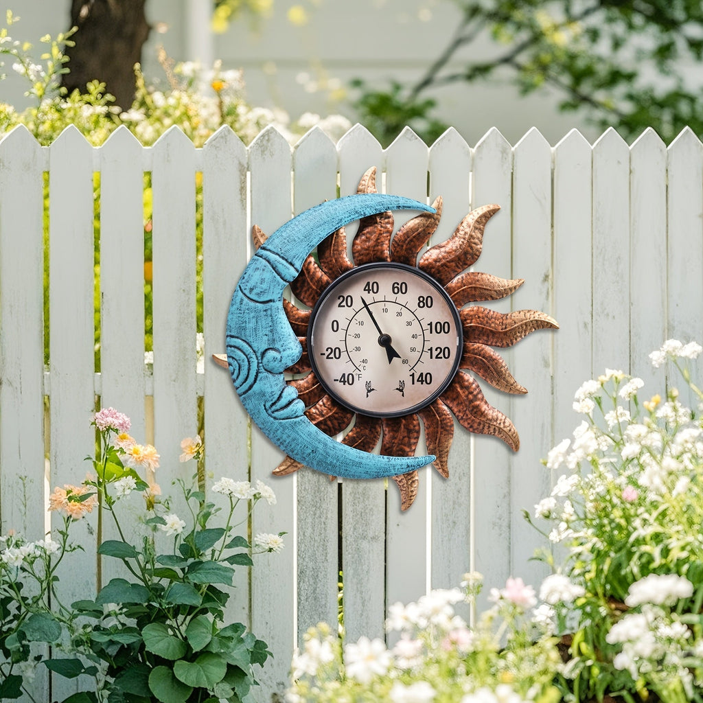 Outdoor Wall Thermometer with Sun & Moon Art – IPX4 Waterproof, Decorative Patio Garden Thermometer for Indoor Outdoor Use — 