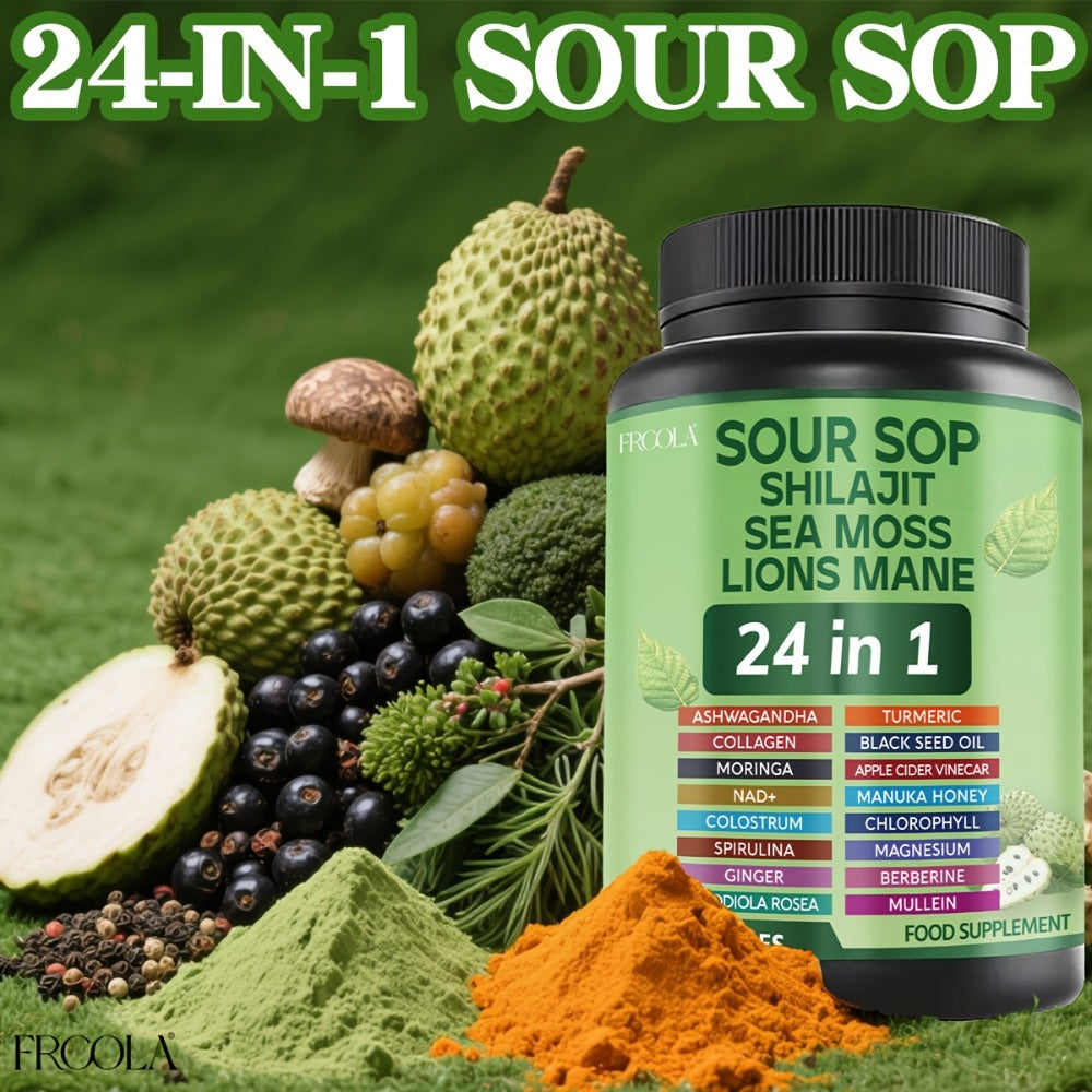 24-in-1 Daily Wellness Capsules with Soursop, Shilajit, Sea Moss & Lion's Mane, 2238mg Immune & Liver Health Formula for Men 