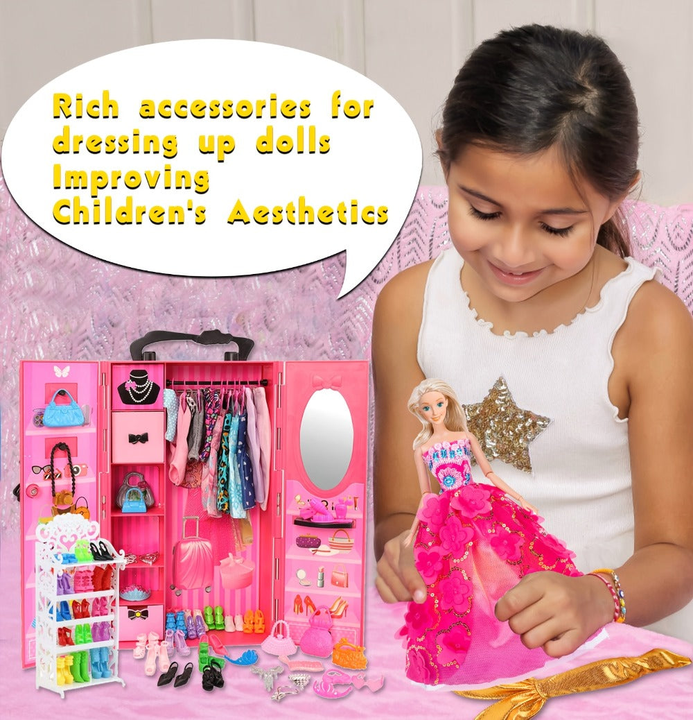 Doll Closet Playset 105 Piece Rose Wardrobe for 11.5 Inch Dolls, Wedding Gowns Fishtail Dress Swimsuit Shoes Handbags Crowns 