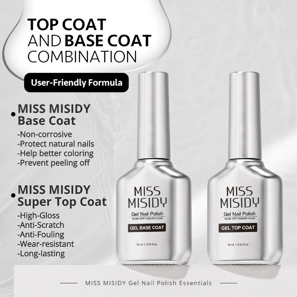 Soak-Off Gel Top Coat and Base Coat Set 2Pcs Super Shine Mirror Finish Long Lasting LED UV Lamp Gel Polish Foundation Seal Ma