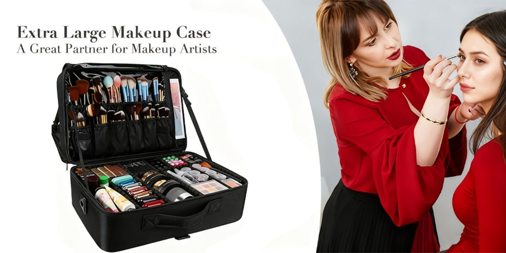 Black 15.8-Inch Soft Makeup Train Case with Three-Layer Interior, Brush Panel and Shoulder Strap — image 13