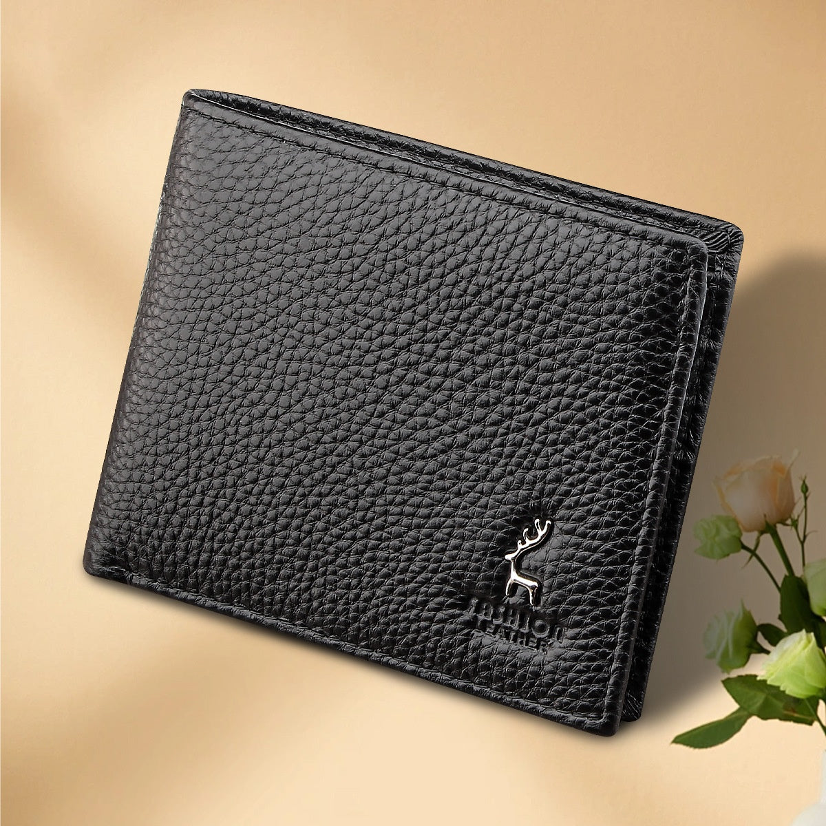Black Men's Genuine Leather Wallet Cowhide Short Bifold
