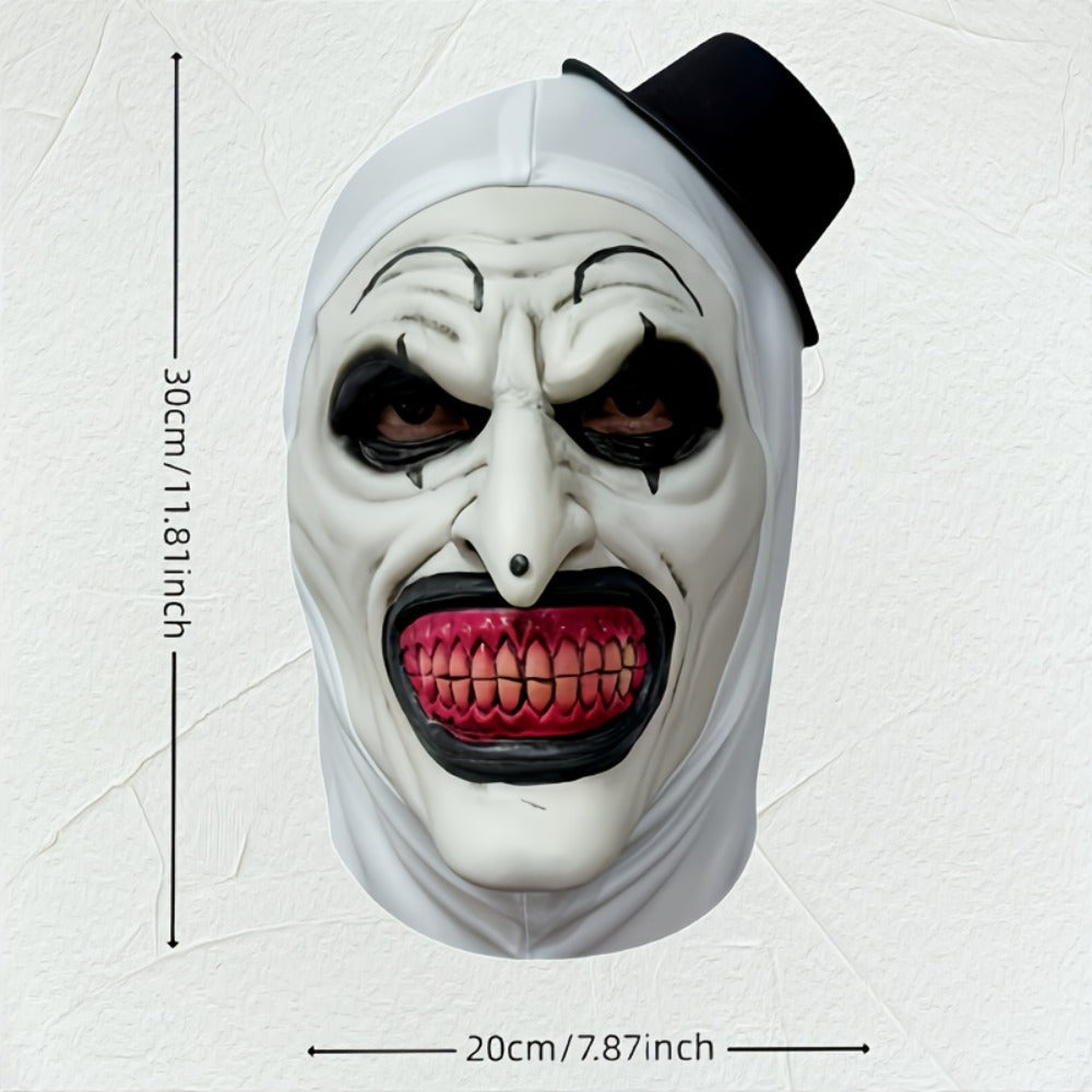 White Horror Clown Costume Mask with Full-Head Latex-Style Hood, Red Teeth and Attached Black Hat — image 2