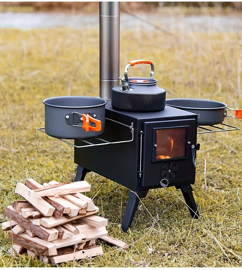 Portable Wood Stove with Chimney Pipe Set, Folding Legs, Side Shelves and Silver or Black Finish Options — image 19