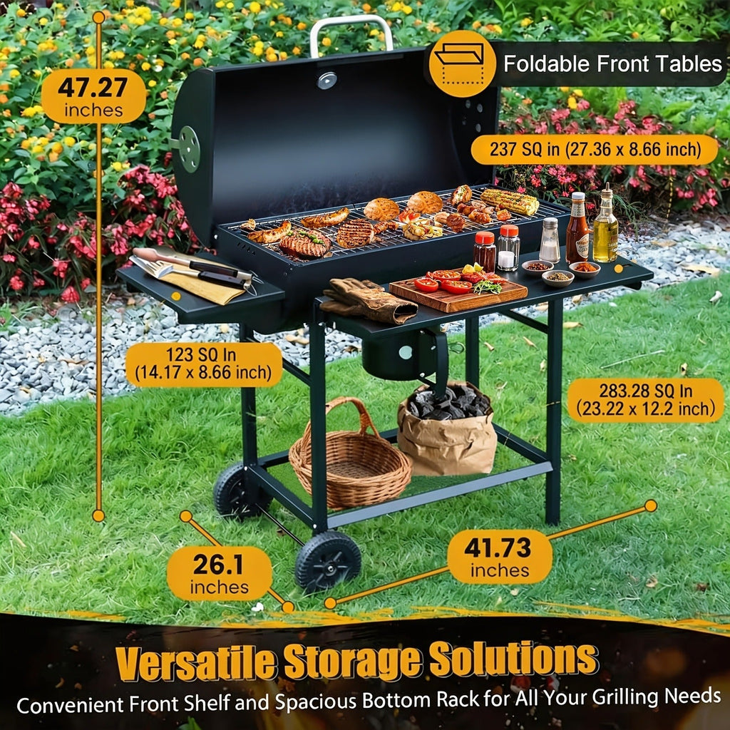 Barrel Charcoal Grill with Offset Smoker, Wheeled Cart, Side Firebox and Two Black Configuration Options — image 19