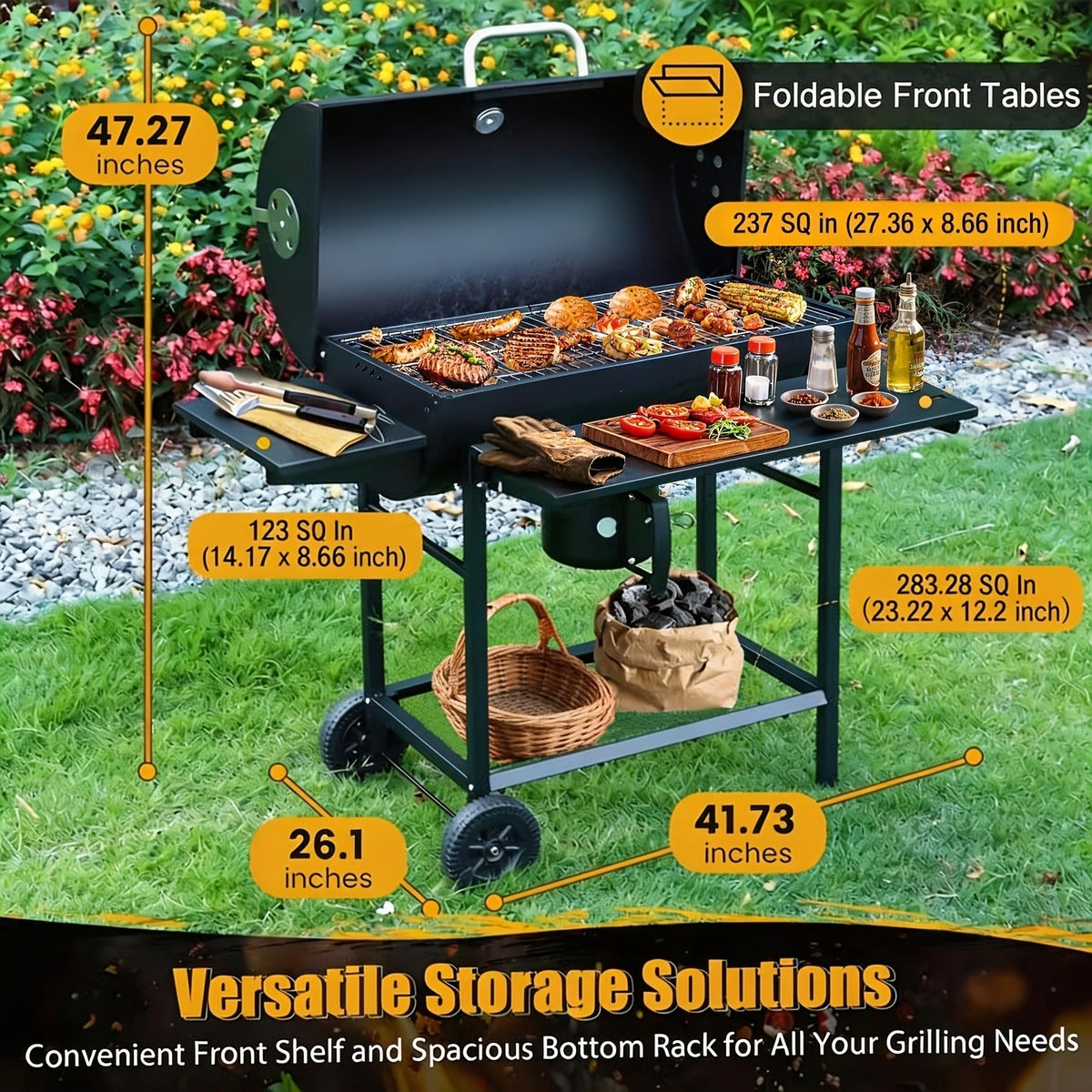 Barrel Charcoal Grill with Offset Smoker, Wheeled Cart, Side Firebox and Two Black Configuration Options — image 19
