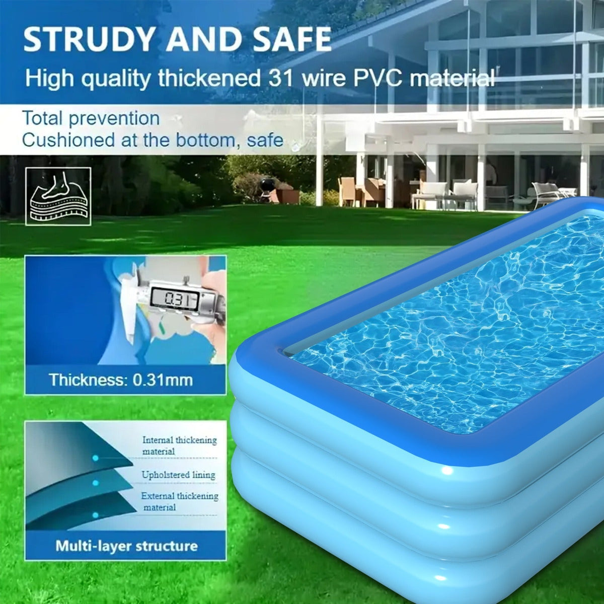 Inflatable Pool XL Extra Large Backyard Swimming Pool 3-Chamber Thick PVC Family Pool for Adults Kids Summer Outdoor Fun Mult