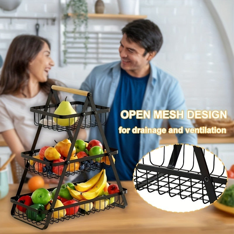 Fruit Basket Kitchen Organizer 2 or 3 Tier Metal Stand with Removable Wooden Handles for Countertop — image 19