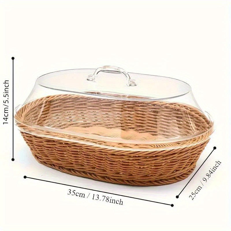 Wicker Bread Basket with Clear Acrylic Lid Rattan Storage Basket Washable Food Tray for Bread Fruit Desserts Kitchen Picnic H
