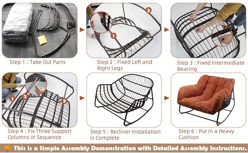 Papasan Rocking Chair Outdoor Wicker Egg Chair with Cushion & Pillow, Large Patio Rocker for Garden — image 17