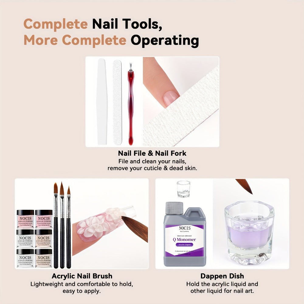 Six-Color Acrylic Nail Powder Set with Monomer Bottle and Application Tool Assortment in Three Set Codes — image 7
