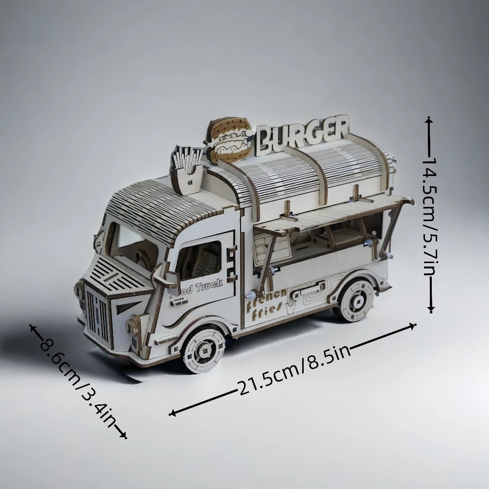 Wooden Food Truck 3D Puzzle Model Kit with Burger Stand Body, Miniature Tables and Pictured 21.5 cm Length — image 5