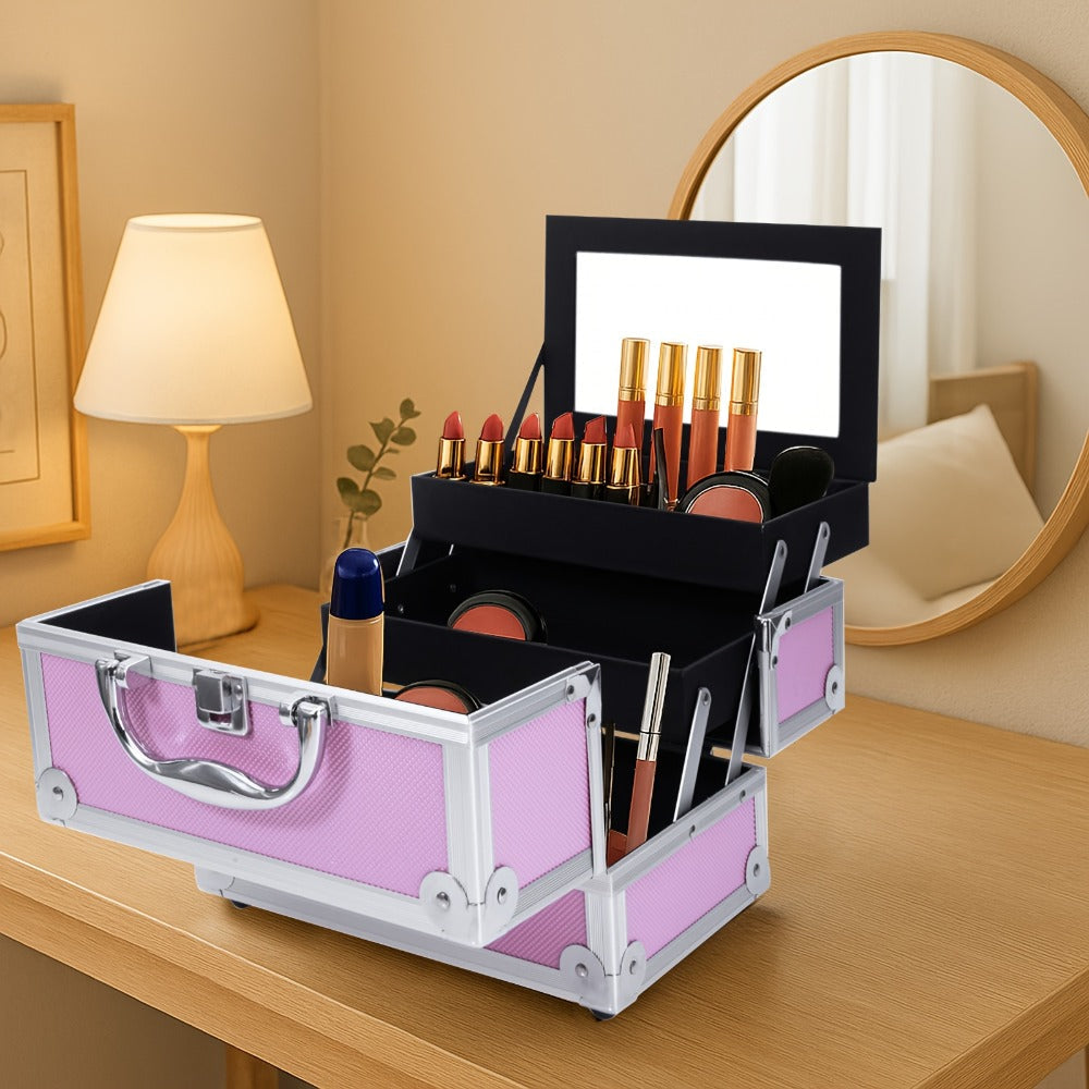 Rolling Makeup Case Aluminum 4-in-1 Extra Large Professional Cosmetic Trolley with 360° Swivel Wheels for Makeup Artist Tatto