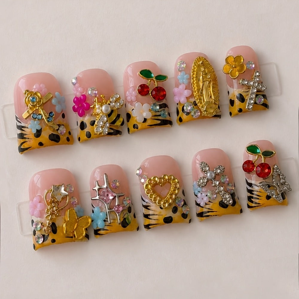 Press On Nails 10-Piece Short Duck-Tip Acrylic Set with Cherry, Bee, Flower, Cross and Star Designs — image 5