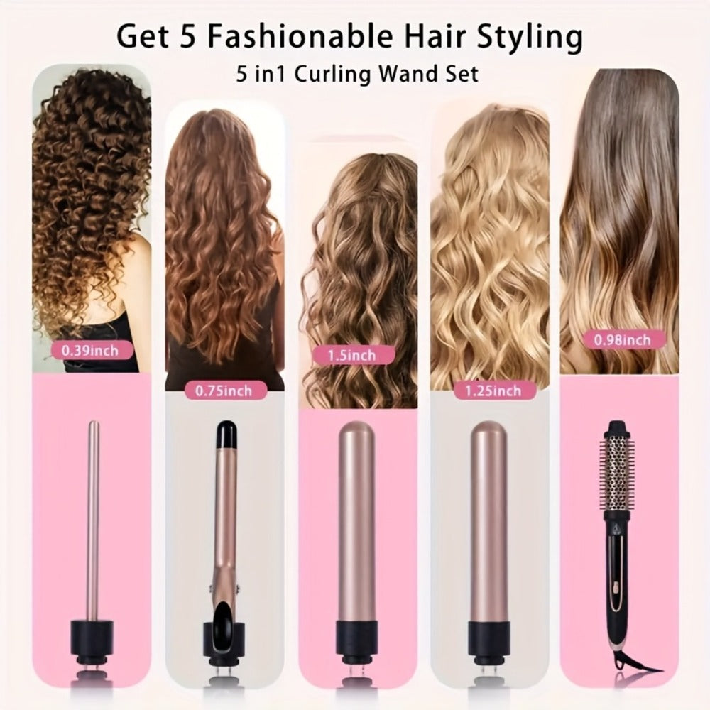 Ceramic Curling Iron Set 5-in-1 with Interchangeable Barrels & Heat Brush, Professional Hair Curler Wand Styling Kit for Wave