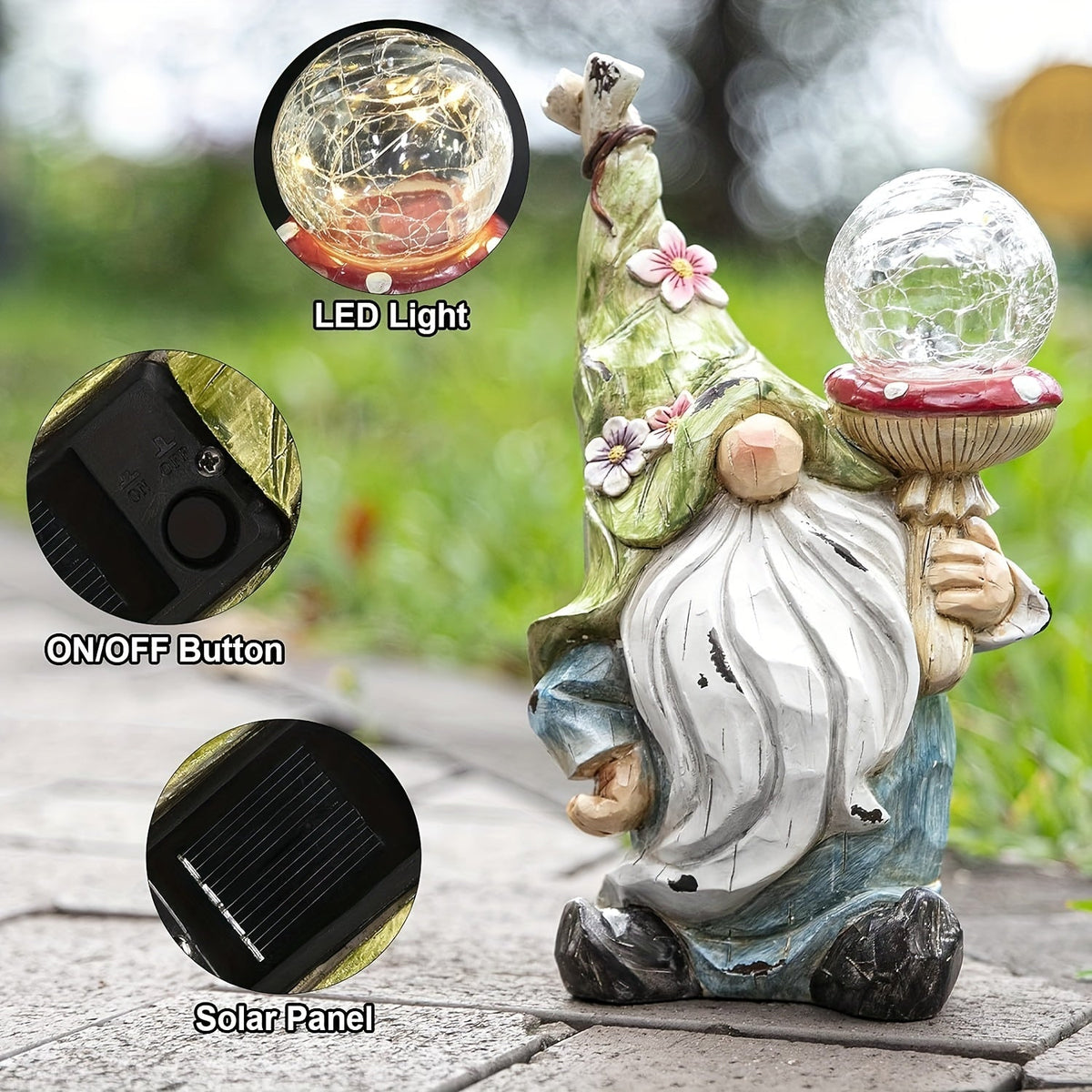 Solar Garden Gnome Statue with LED Magical Ball Light Outdoor Resin Dwarf Sculpture IP44 Waterproof Spring Yard Patio Decor H