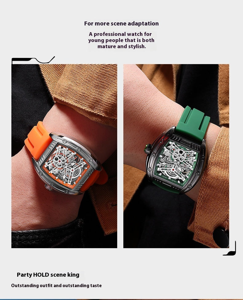 Men's Wine Barrel Type Mechanical Watch Silicone Tape