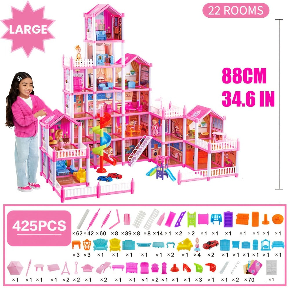 Princess Doll House Castle with Furniture & Accessories, Pink or Blue Mini Villa Playset 14 to 27 Rooms — image 10