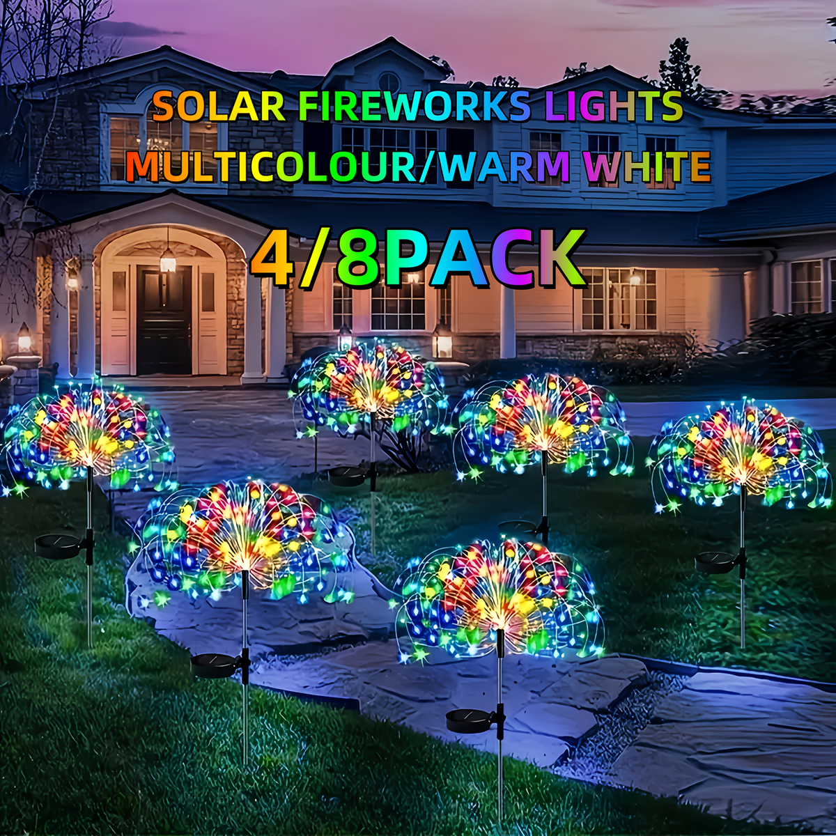 Solar Garden Lights Firework Stakes with 240-640 LEDs, 8 Modes, 4/8 Packs and Three Light Colors — image 1
