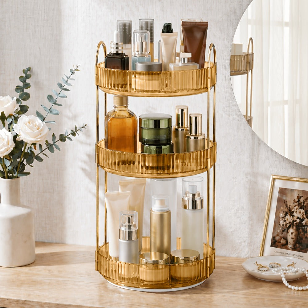 Three-Tier Rotating Makeup Organizer with 360-Degree Base in Green, Amber or Transparent Finish — image 3