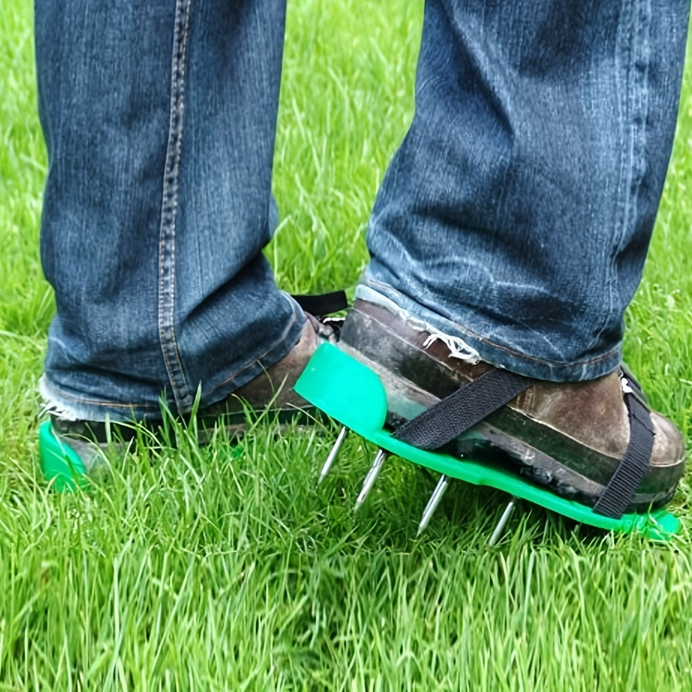 Lawn Aerator Shoe Pair with Green Platforms, Adjustable Black Straps and Spiked Soles for Walking Use — image 5