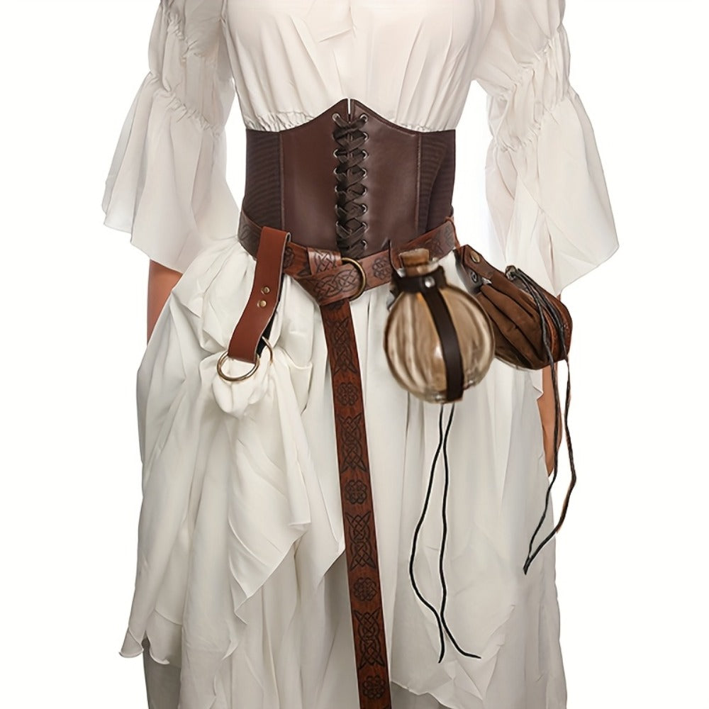 Renaissance Corset Set 5-Piece Ladies – Medieval Belt Pouch Potion Bottle Waist Protector, Women Halloween LARP Cosplay Renai
