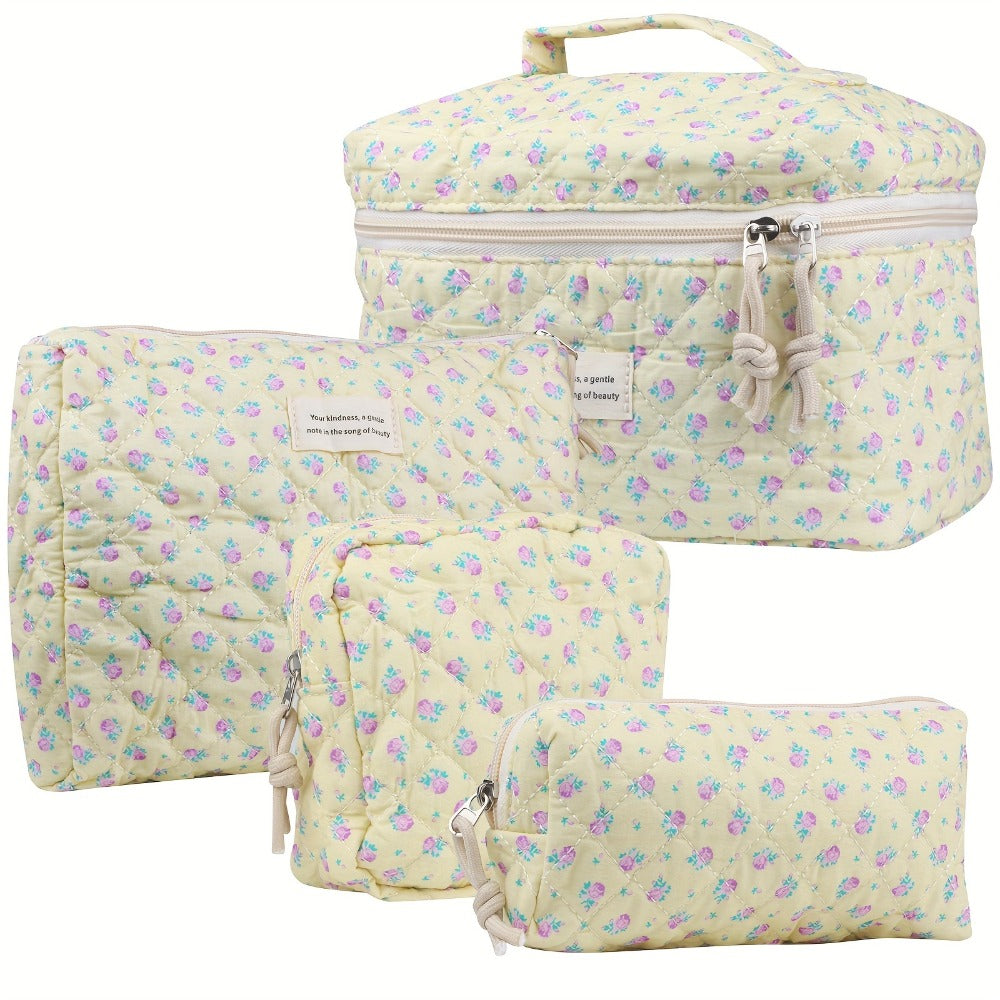Makeup Bag Four-Piece Quilted Cotton Floral Pouch Set in Five Styles for Travel, Vanity and Everyday Beauty Storage — image 1