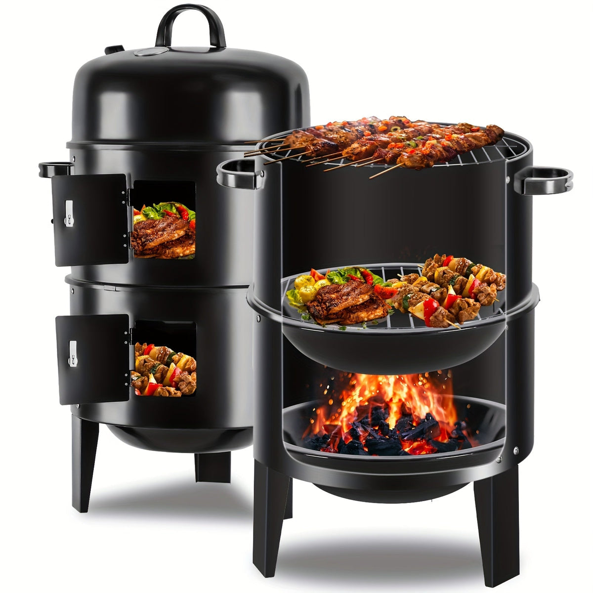 Charcoal Smoker Grill 16 Inch Vertical 3-Tier with Easy Temperature Control for Grilling, Camping and Outdoor Meals — image 1