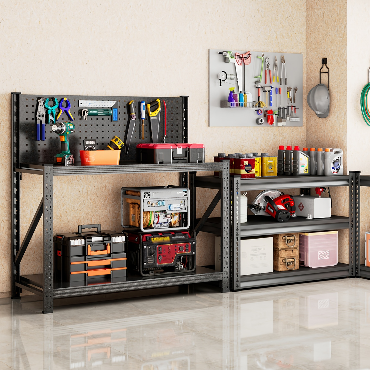 Four-Tier Metal Garage Storage Shelf with Wide Workbench Top and Lower Tool Organizer Space — image 8