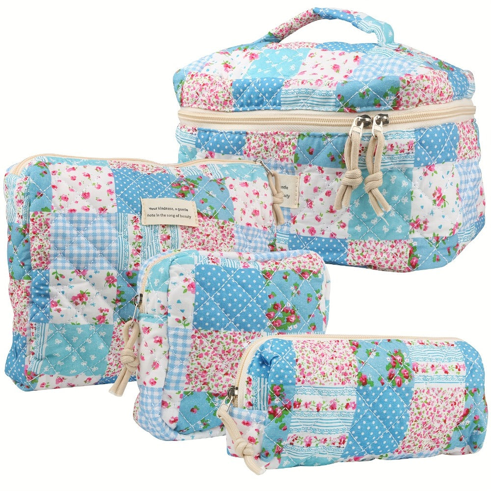 Makeup Bag Four-Piece Quilted Cotton Floral Pouch Set in Five Styles for Travel, Vanity and Everyday Beauty Storage — image 6