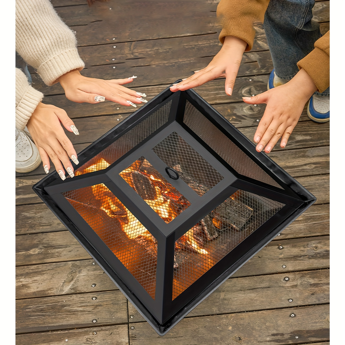 18.5-Inch Black Square Fire Pit and Grill with Mesh Pyramid Cover, Cooking Grate and Long Poker — image 6