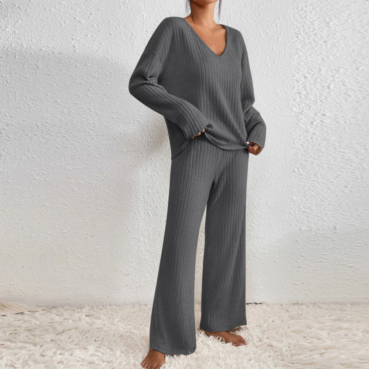 Long Sleeve V-neck Knitted Sunken Stripe Brushed Loose Leisure Suit