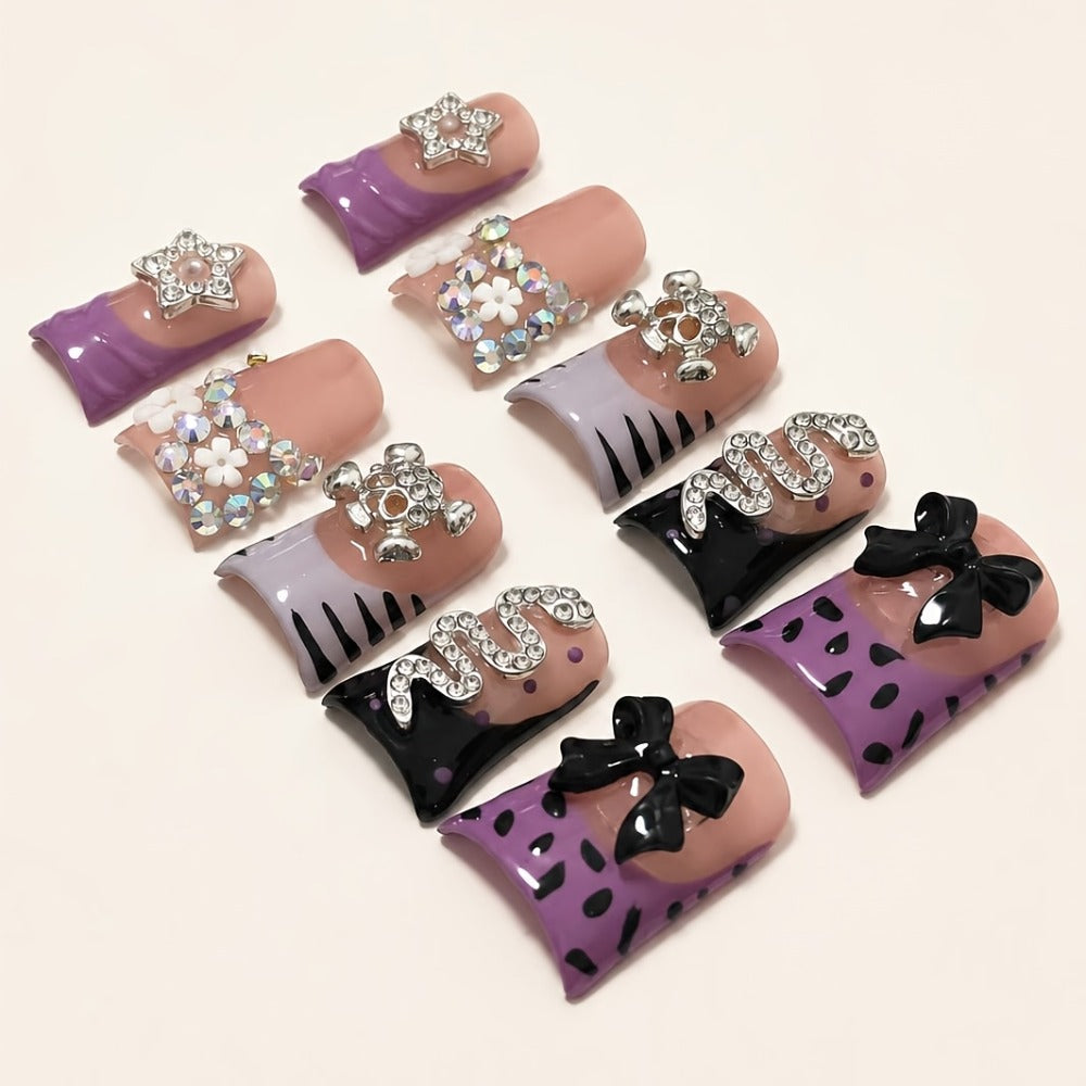 Press On Nails 10-Piece Handmade Short Duckbill Leopard Skull Rhinestone Acrylic Set with Tools — image 5
