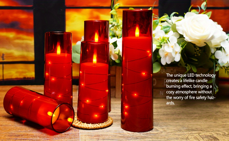 Flameless LED Candles with Remote Control Timer and Star String Lights Set of 5 or 7 Pillar Candles for Wedding Garden Home D
