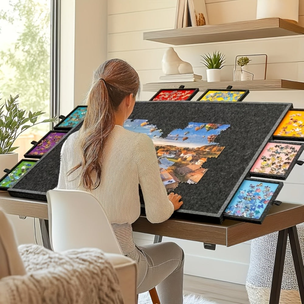 Dark-Gray Tilting Puzzle Board with Six Colored Drawers, Folding Stand and 1000-Piece Label — image 1
