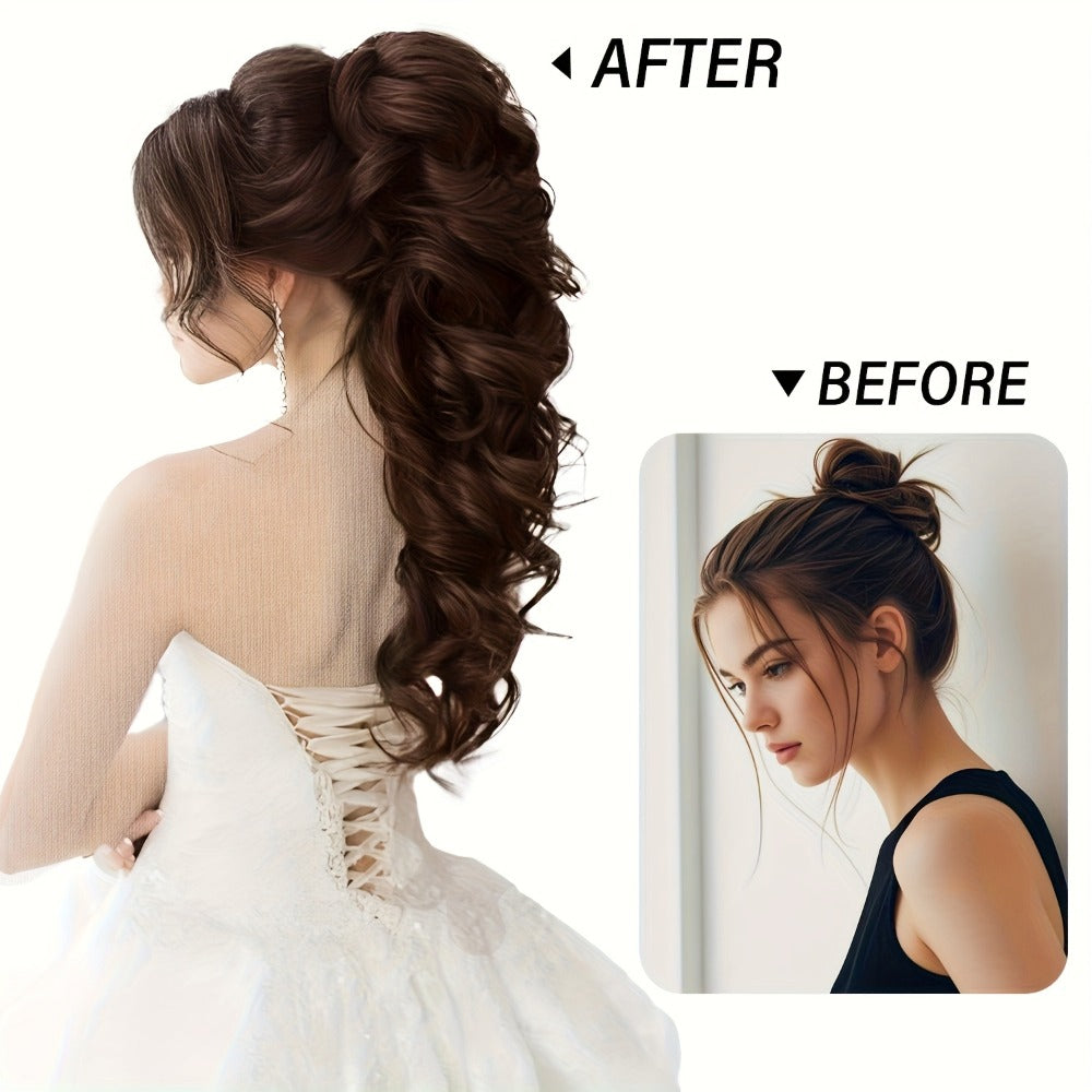 Scroll Curl Claw Clip Ponytail Extension Gradient Color 16 Inch | Synthetic Heat Resistant Hairpiece 5 Colors Linen Brown Gol