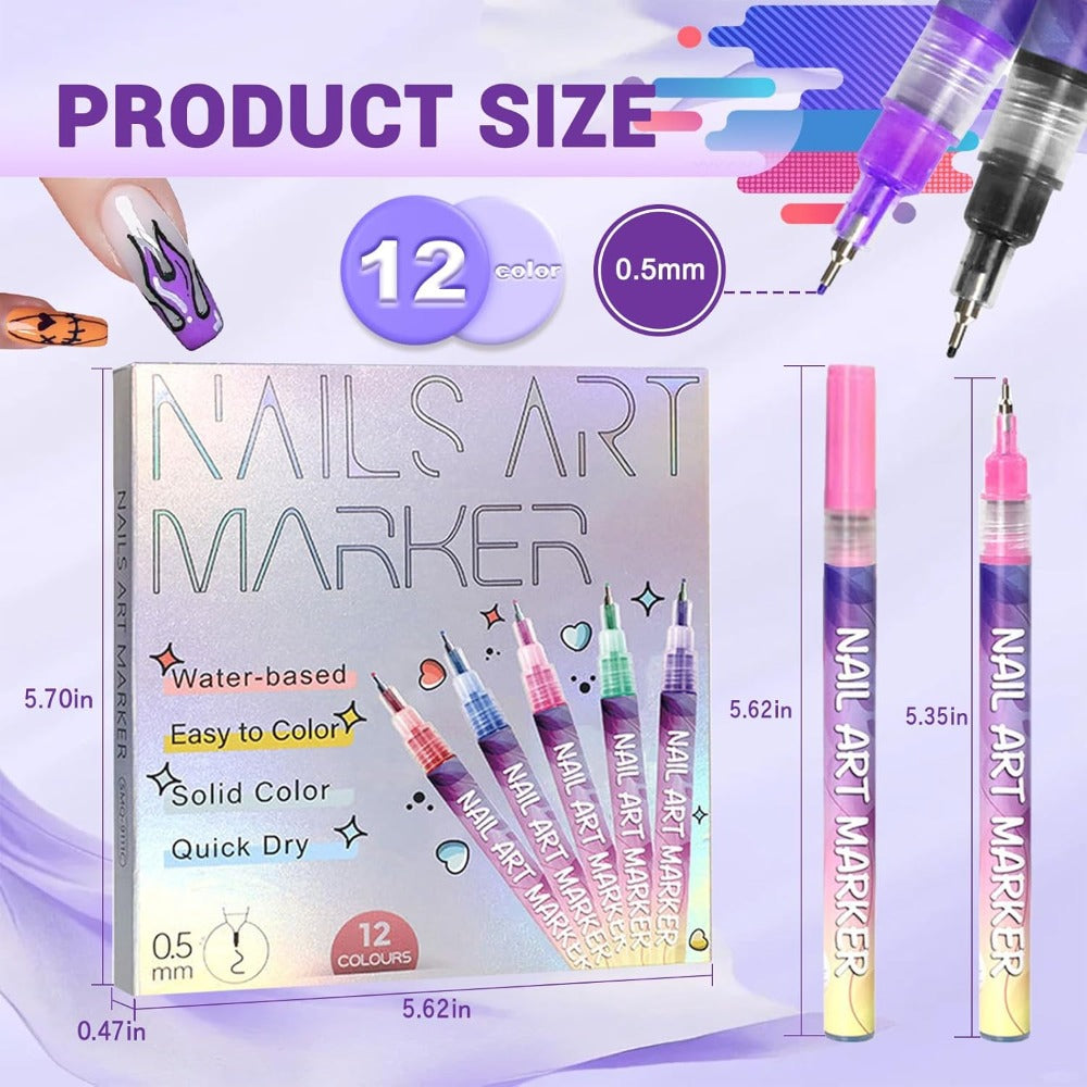 Nail Art Pens 12-Piece Water-Based Marker Set with 0.5mm Fine Tips for Lines and Small Decorative Details — image 6
