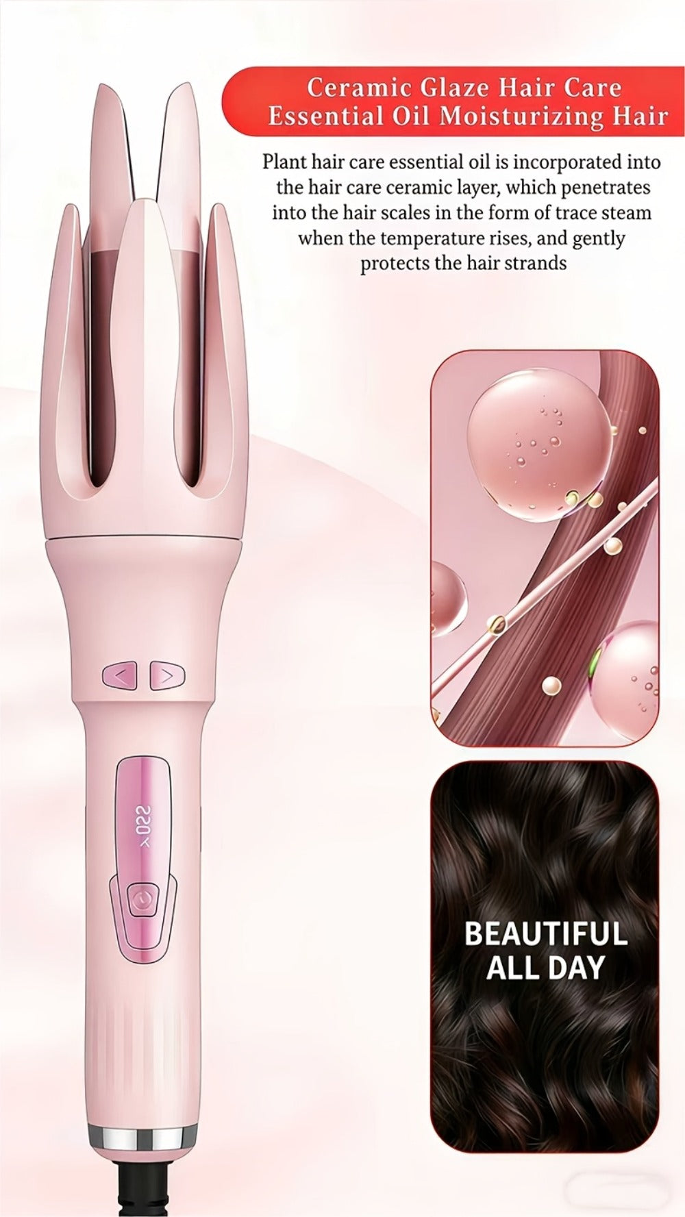 Automatic Rotating Curling Iron 4 Temperature Settings 40M Negative Ion Ceramic Barrel, for Home, Travel and Salon Hair Styli