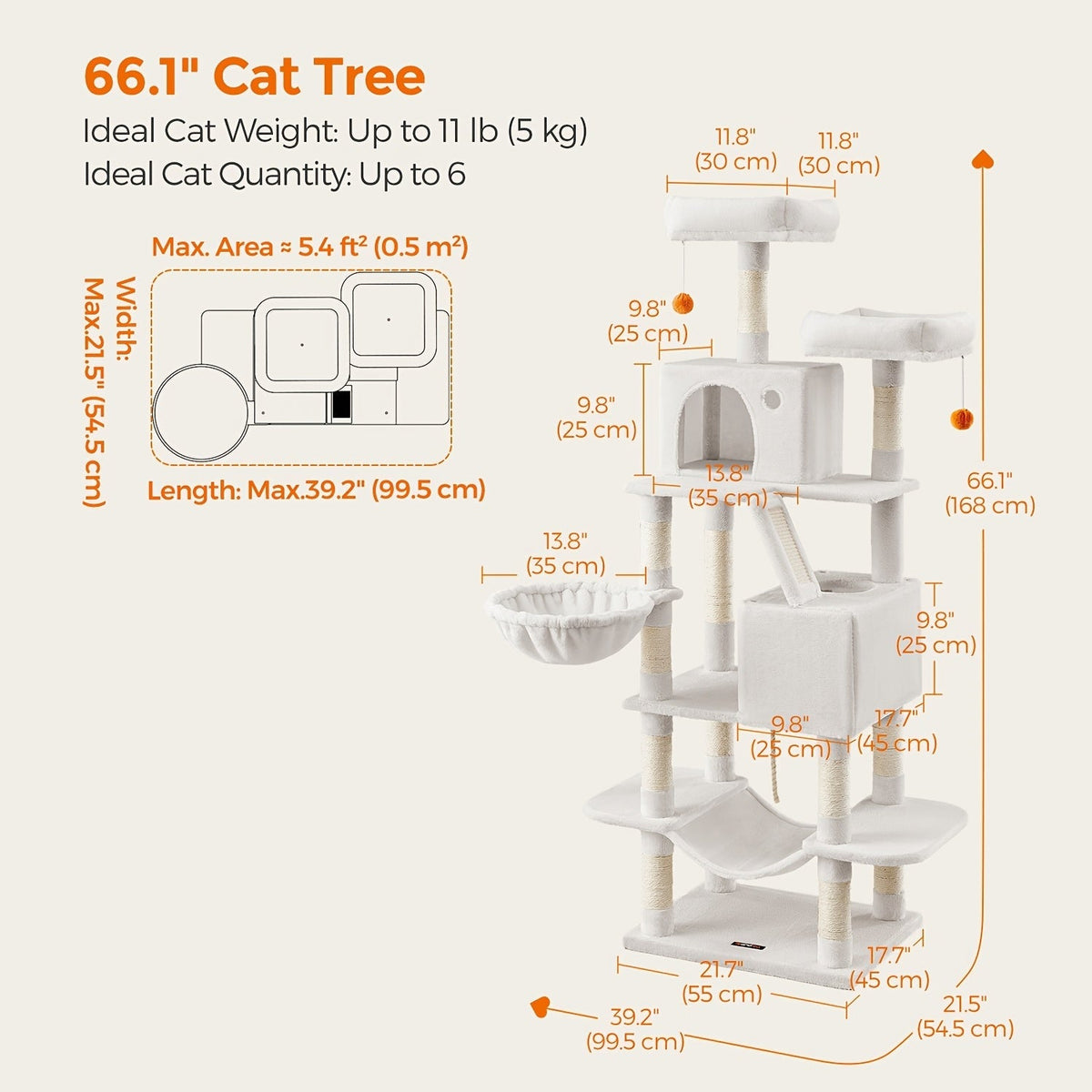 44- or 66-Inch Cat Tree Condo with Cave, Hammock, Raised Platforms and Four Color Options for Indoor Cats — image 13