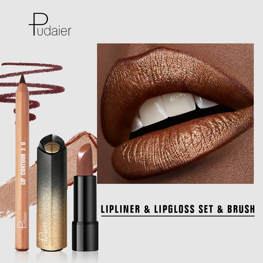Golden Lipstick Set with Lip Liner Pencil 2 Piece, Brown Shimmer Lipstick and Nude Lip Liner — image 2
