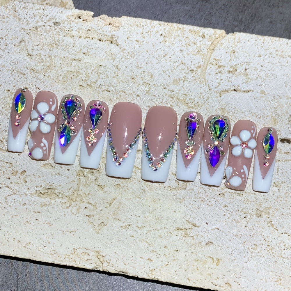 Press On Nails 10-Piece Square French-Tip Set with Nude White Gloss, AB Rhinestones and Floral Design — image 10