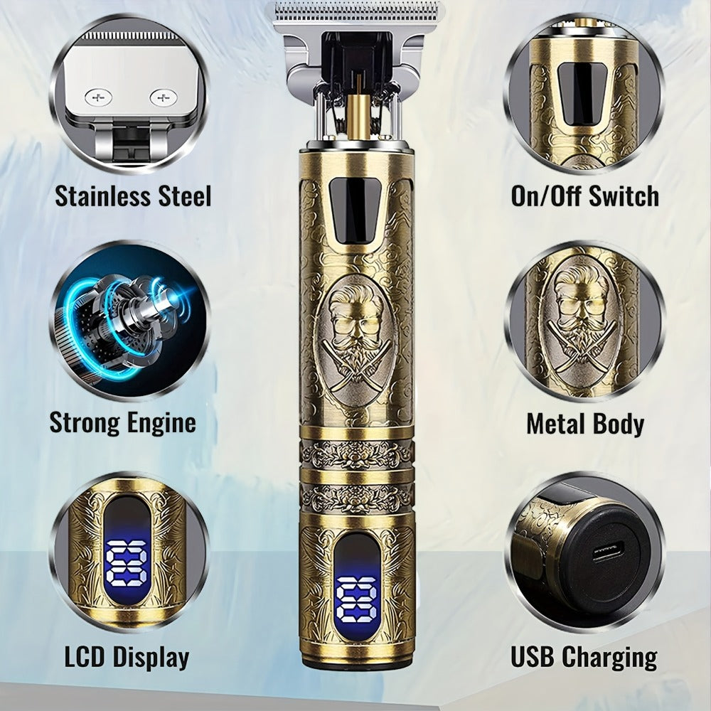 LED Hair Trimmer for Men – T-Blade USB Rechargeable 2000mAh, Vintage Dragon & Mustache Design, 4 Guide Combs, Cordless Precis