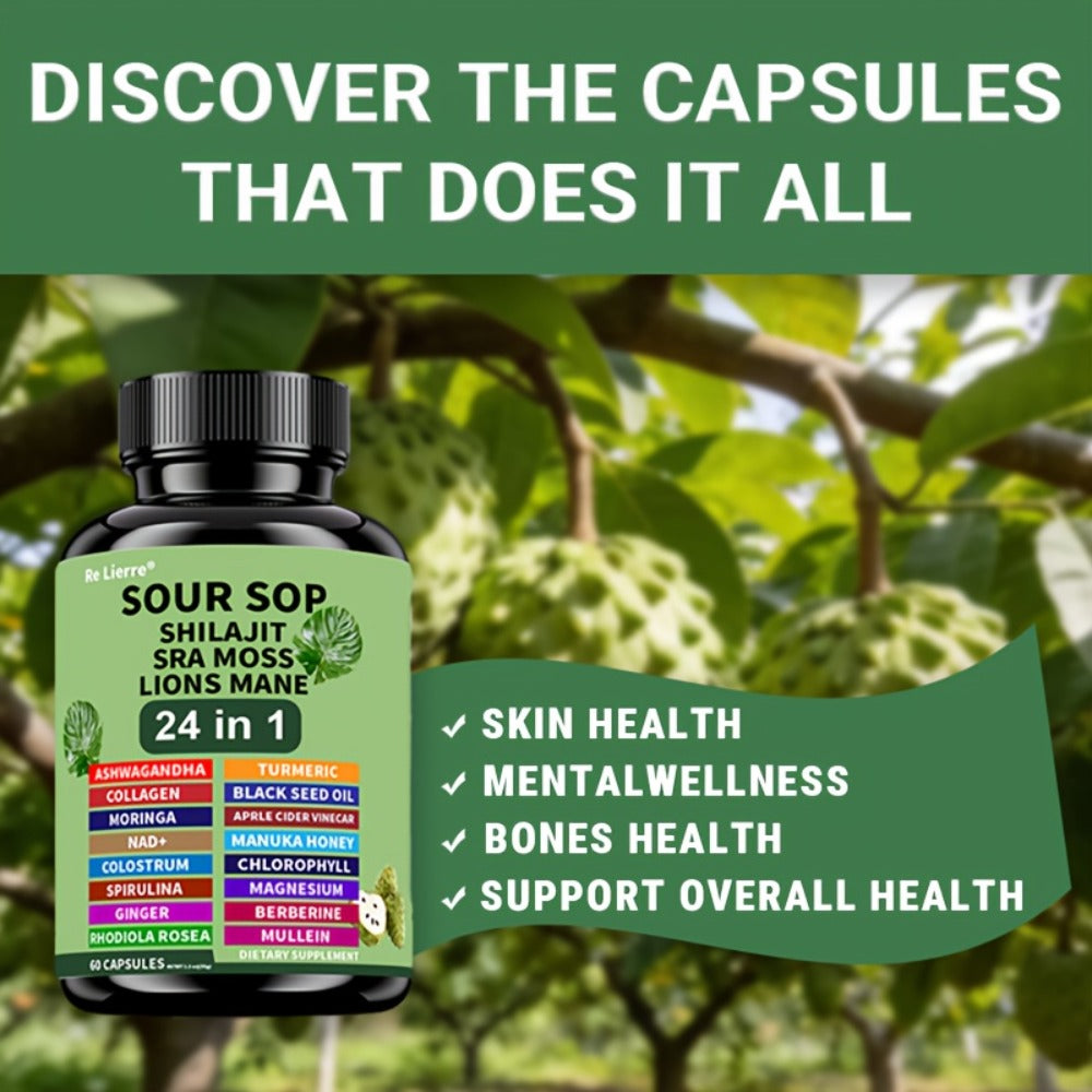 Dietary Supplement Sea Moss 24-in-1 Capsules with Soursop, Lion’s Mane and Shilajit, One or Two Bottles — image 4