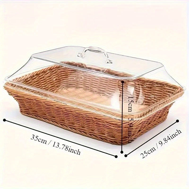 Wicker Bread Basket with Clear Acrylic Lid Rattan Storage Basket Washable Food Tray for Bread Fruit Desserts Kitchen Picnic H