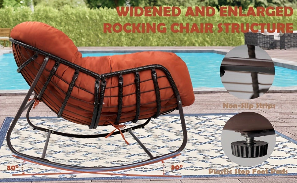 Papasan Rocking Chair Outdoor Wicker Egg Chair with Cushion & Pillow, Large Patio Rocker for Garden — image 18