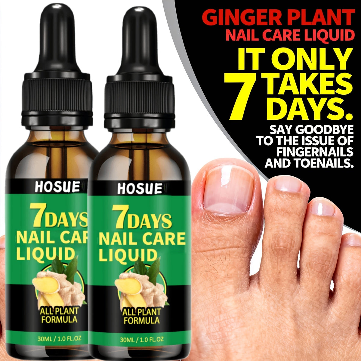 Ginger Nail Care Liquid 7-Day Repair 2-Piece Set 1.01oz Each – HOSUE Plant-Based Formula for Yellowing Gray Uneven Discolored