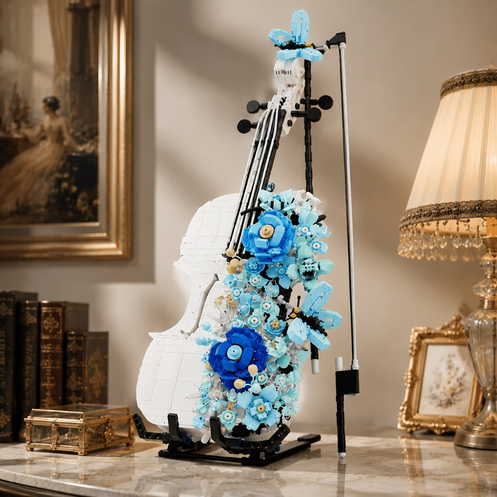 1419-Piece Flower Violin Building Block Model with Brick-Built Stand, Blue Blooms and Panel Detail — image 9