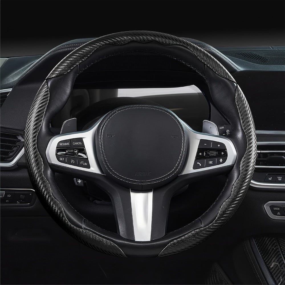 Carbon Fiber Steering Wheel Cover 3pcs – Anti-Skid Segmented Snap-On Protector, High-Grip ABS Resin, Universal Fit, Wood Grai