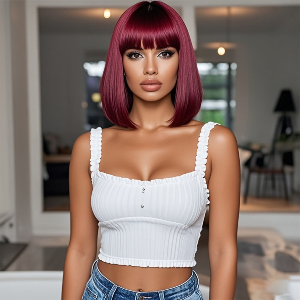 Synthetic Wig 12-Inch Straight Bob with Bangs and Rose Net Cap in Four Color Finishes for Daily Style — image 11